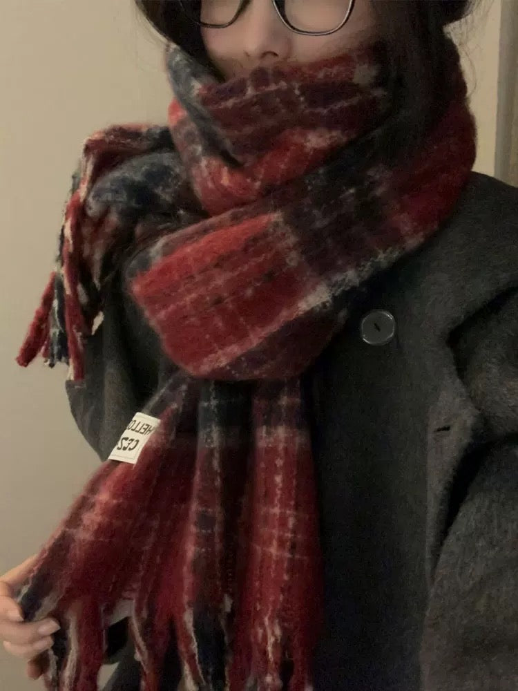 ニットマフラー　クリスマスレッドグリッド