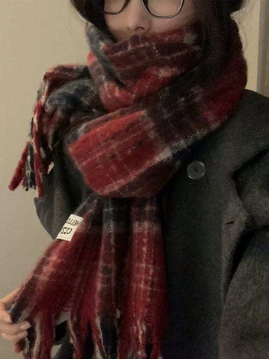 ニットマフラー　クリスマスレッドグリッド