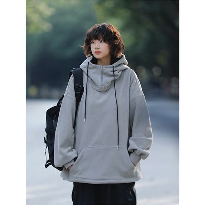 フリースハーフジップフード付きパーカー