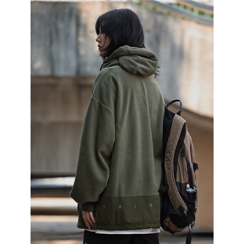 フリースハーフジップフード付きパーカー